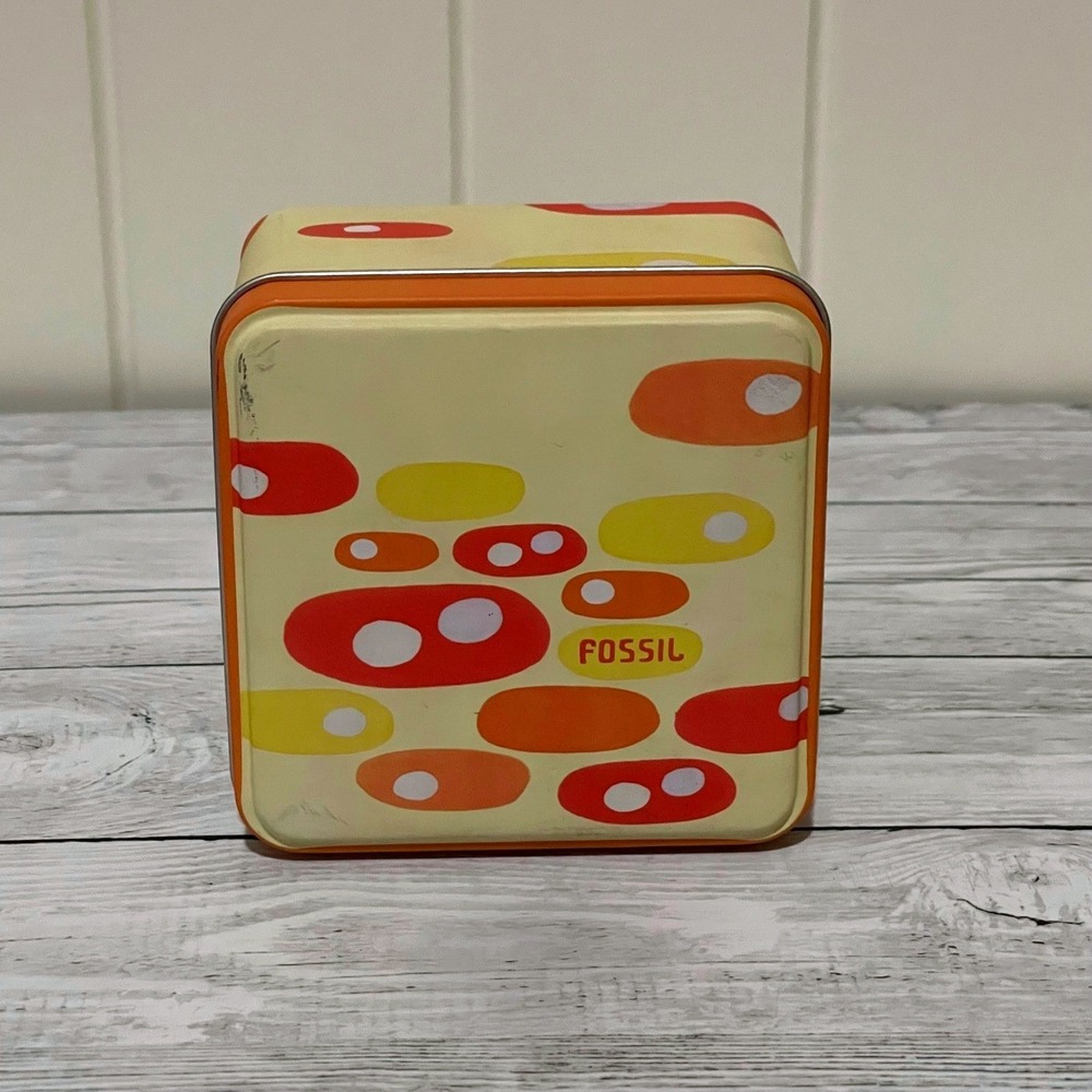 Fossil Vintage 2003 Watch Tin Box MCM Abstract Dot Pattern Orange‎ Yellow Retro